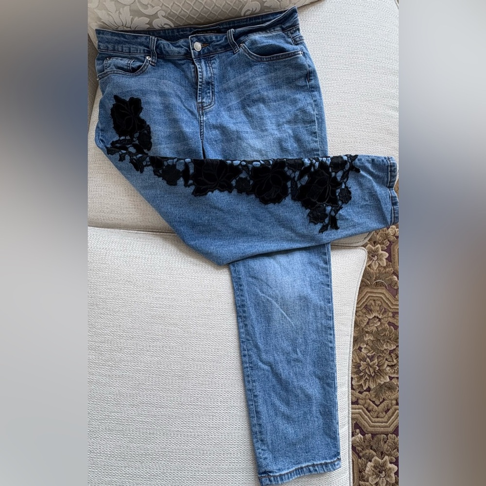 Boston Proper Blue Skinny Jeans with Black Floral Detail